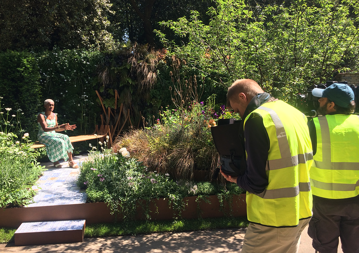 BBC's Arit Anderson filming an intro to the garden on Sunday 20 May (on iplayer for a few weeks)